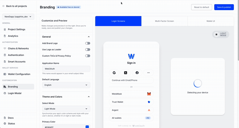 Web3Auth Whitelabeling Dashboard, Embedded Wallets whitelabelling dashboard